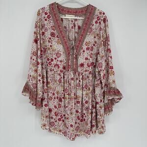 Cynthia Rowley Blouse Womens 2XL Pink Floral Boho Tunic Bell Sleeve Rayon Top